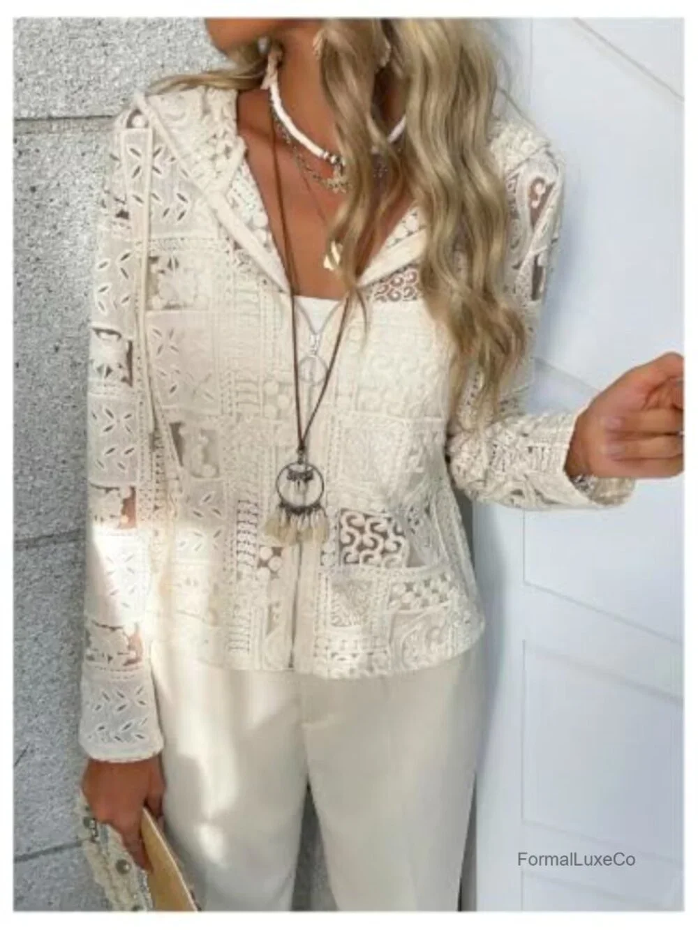 Lace Crochet Zip Up Cardigan Sheer Lightweight Casual Jacket
